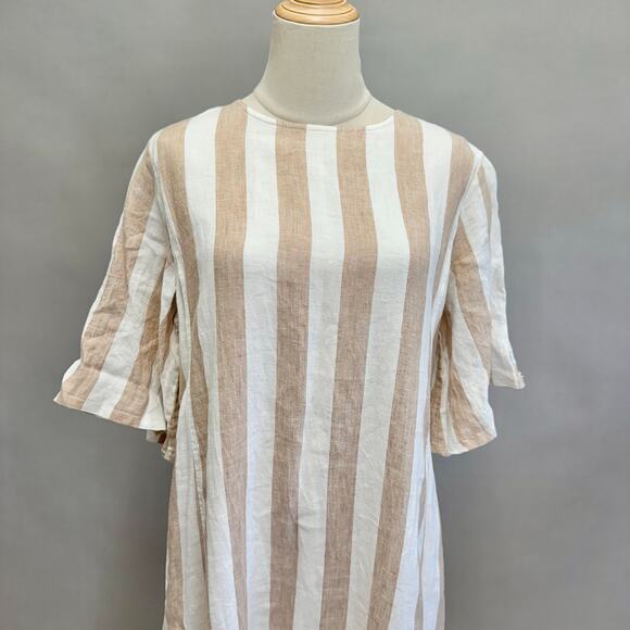 Everlane Linen A-Line Midi Dress Bone White/Caramel Stripe Size 8 Boxy Lagenlook - Picture 5 of 15